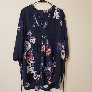 Melissa McCarthy Seven7  Lone Sleeve Pleated Tunic 1X Bloomcore Dark Cottagecore